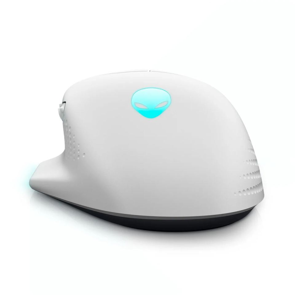 Dell Alienware 620M/Herná/Optická/Pre pravákov/26 000 DPI/Drôtová+bezdrôtová/Biela – Asymetrické tvarovanie s opierkou pre palec a AlienFX podsvietením